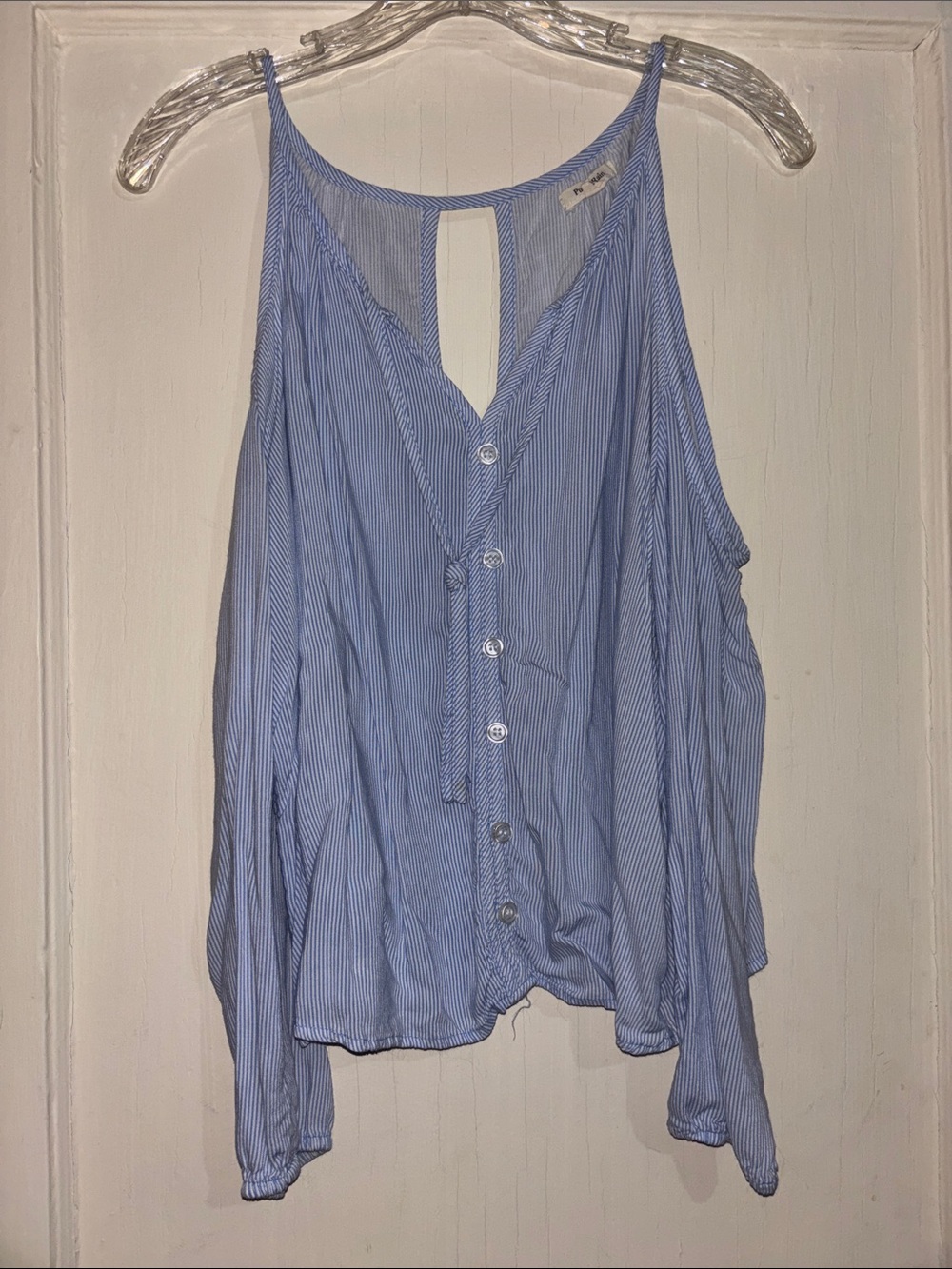 Purple Rain Light Blue Pinstripe Cold-Shoulder Button-Front Top